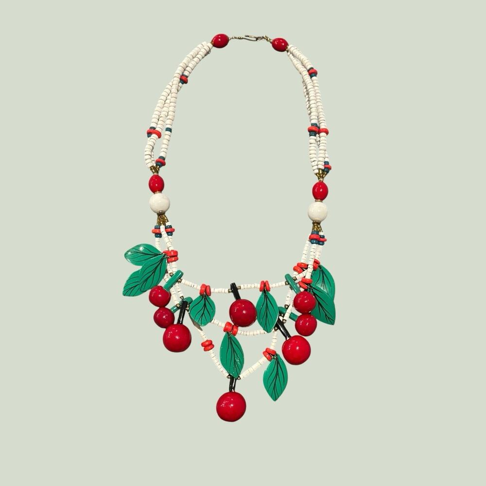 Vintage Cherry Fruit Necklace Wood Beads Green Leaves Statement Bib Red & White